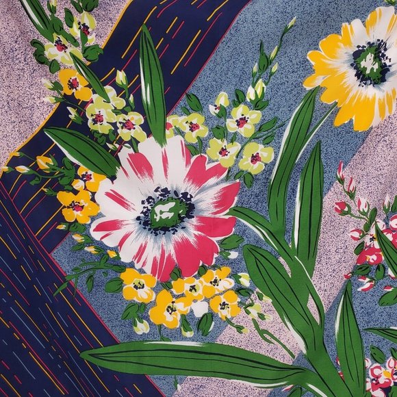 Silk Scarf Shawl Bold Floral Geometric Navy Blue Multicolor  Hand Rolled 35" - Picture 9 of 9